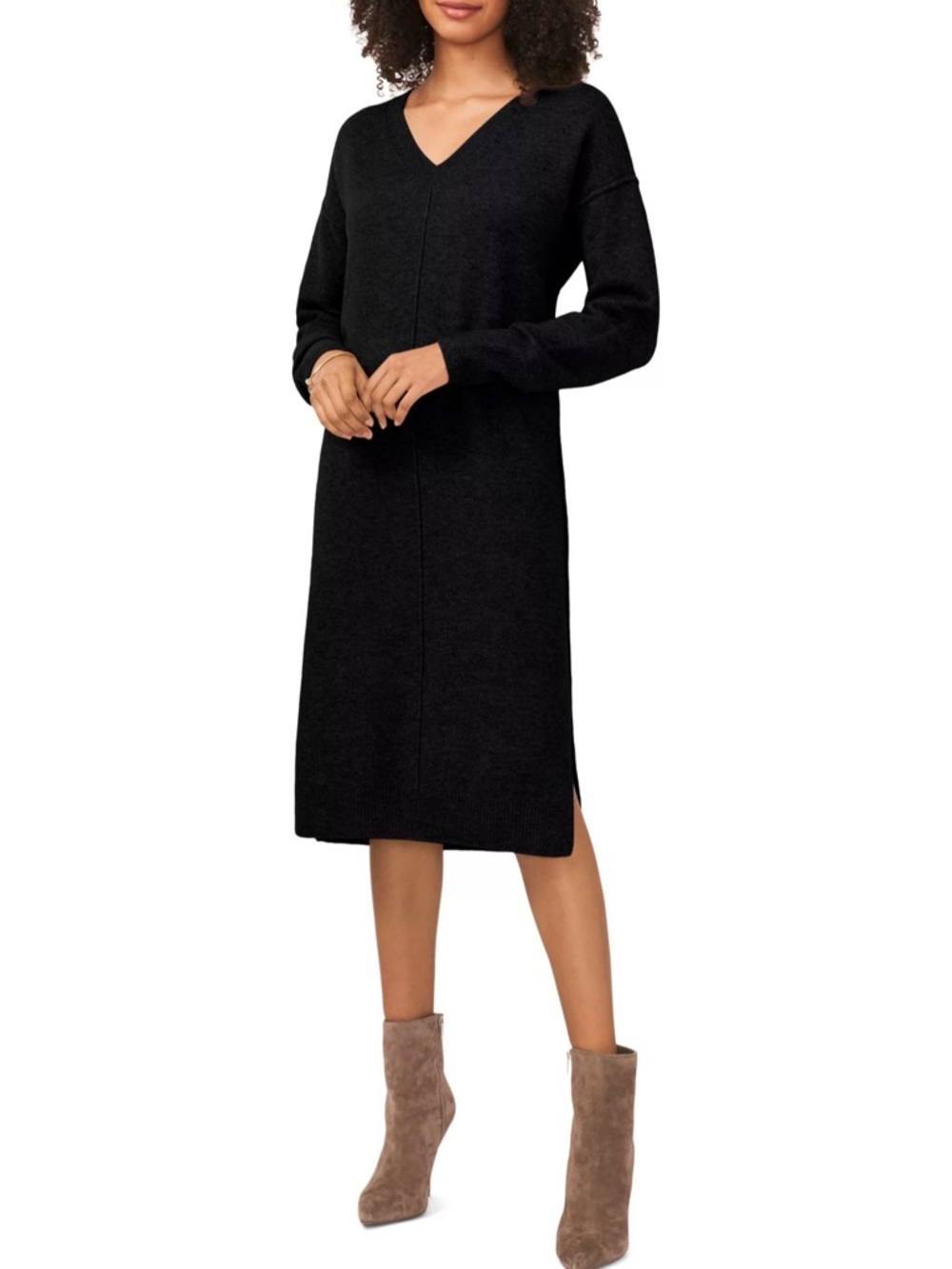 Vince Camuto Black V‑Neck Midi Sweater Dress